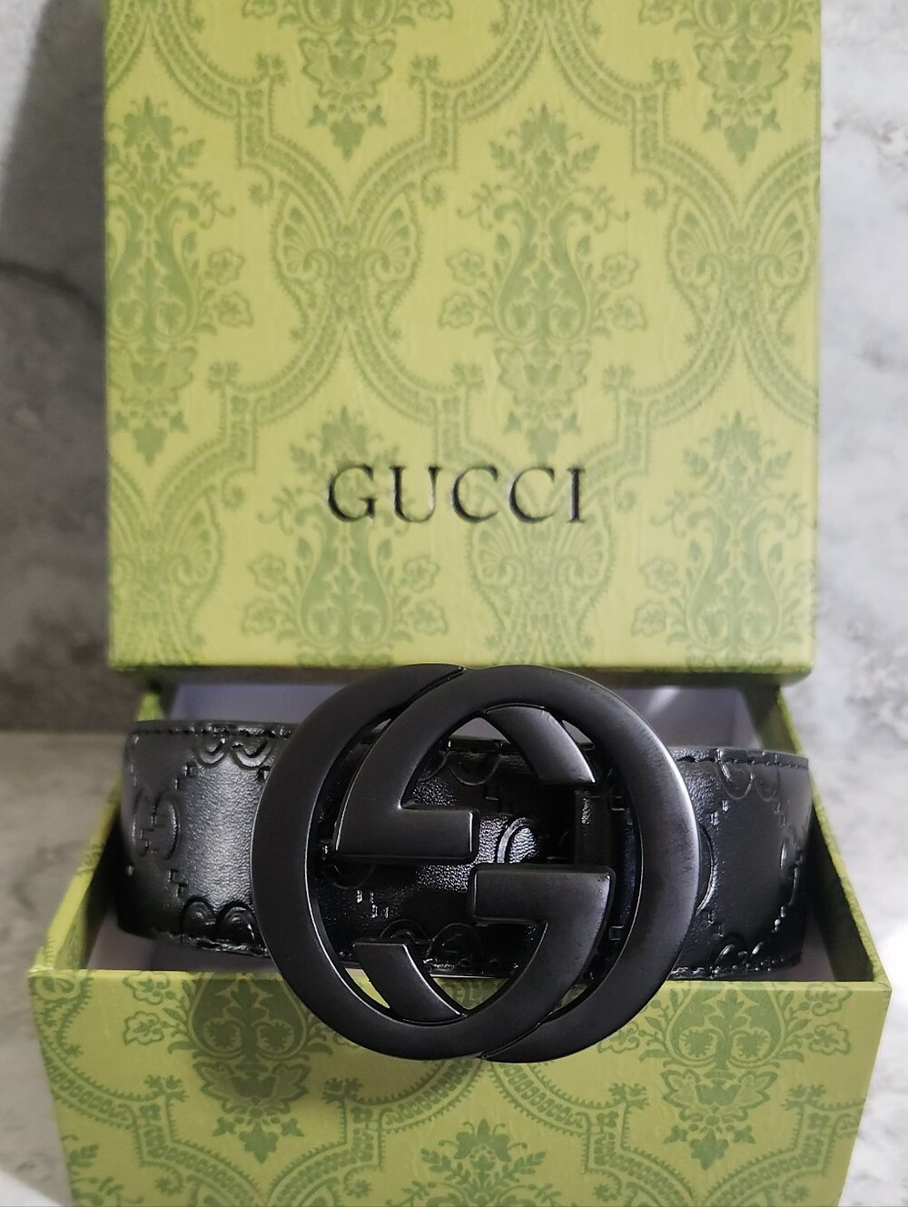 Gucci Black Interlocking GG Signature Leather Belt✨️